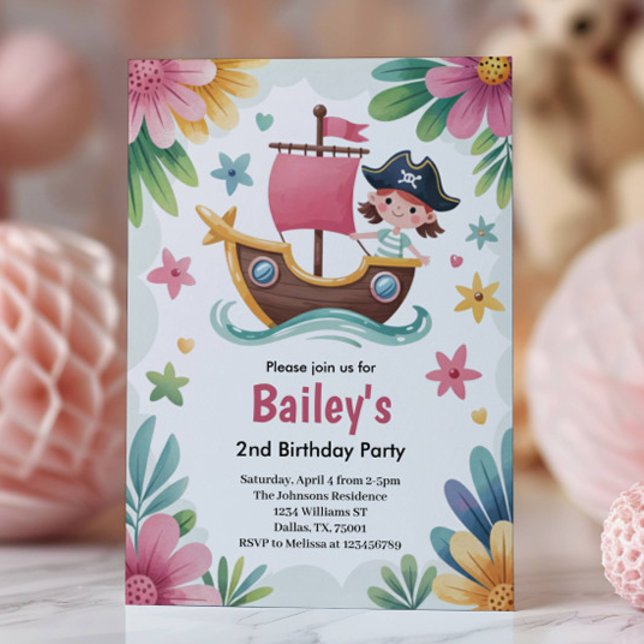 Invitación Cumpleaños Pirata de Niñas con Acuarela 2do (Subido por el creador)