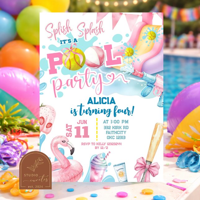Invitación Cumpleaños Piscina Fiesta Softbol Arco Rosa Niña (Subido por el creador)