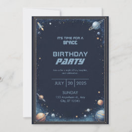 Invitación Cumpleaños Planeta Cohete Bordes Acuarela Dorado M