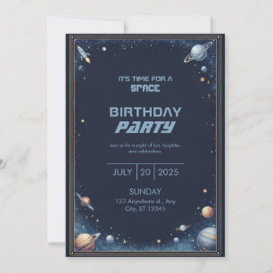Invitación Cumpleaños Planeta Cohete Bordes Acuarela Dorado M
