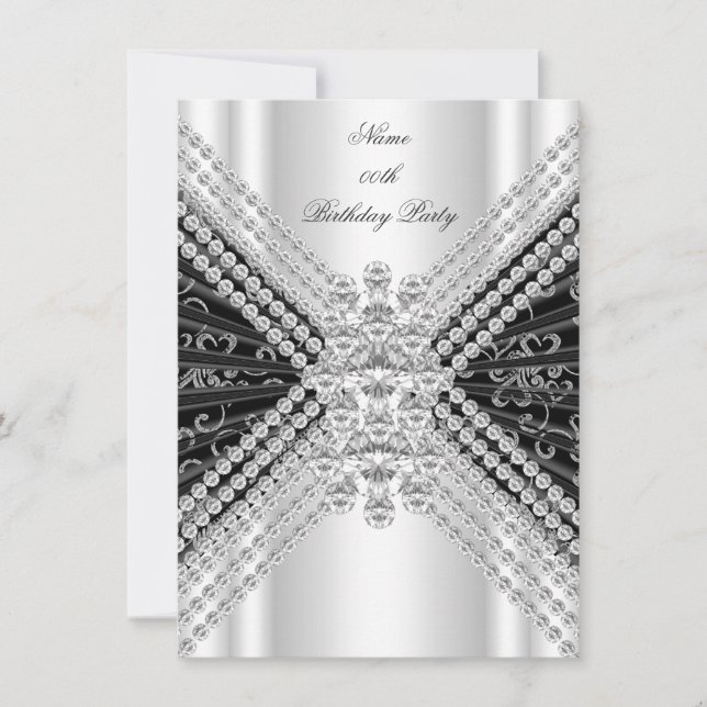 Invitación Cumpleaños Plata Negro Blanco Diamante (Anverso)