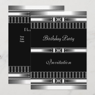 Invitación Cumpleaños Plata sobre Cromo Negro