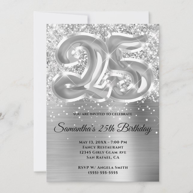Invitación Cumpleaños plateado brillante y glamuroso de 25 añ (Anverso)