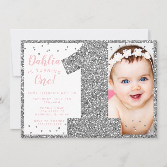 Invitación Cumpleaños plateado y rosa con brillo falso (Anverso)