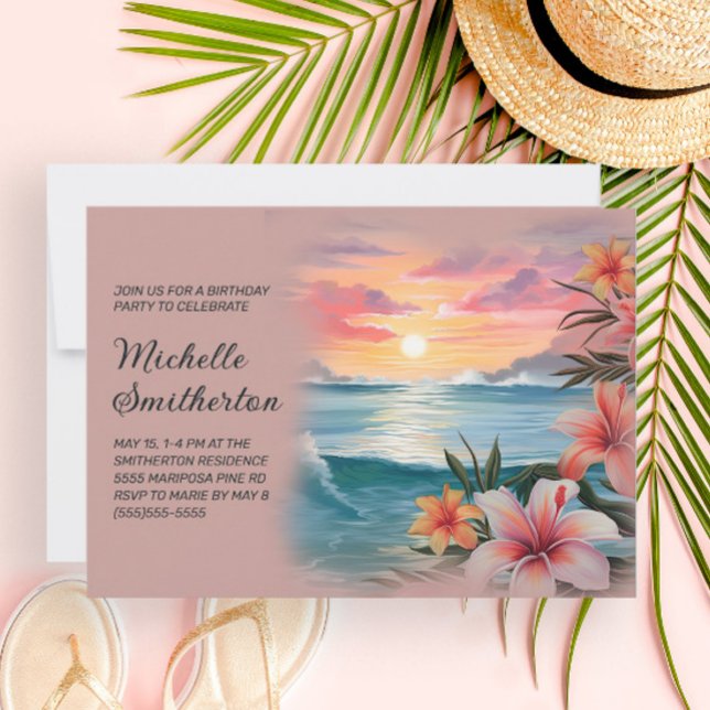 Invitación Cumpleaños Playa Palmeras Tropicales Océano Atarde (Subido por el creador)