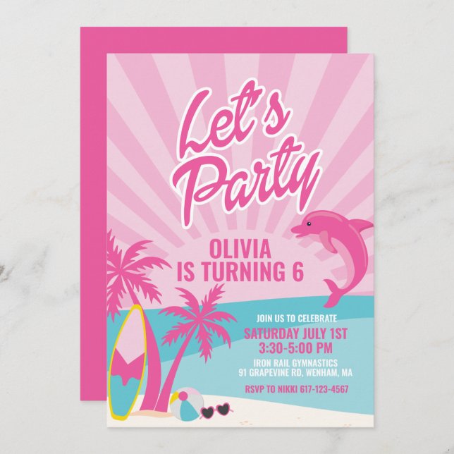 Invitación Cumpleaños playa Rosa Malibu (Anverso / Reverso)