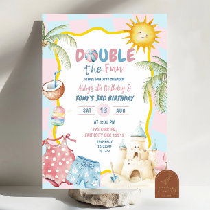 Invitación Cumpleaños playero de hermanos con pastel groovy r