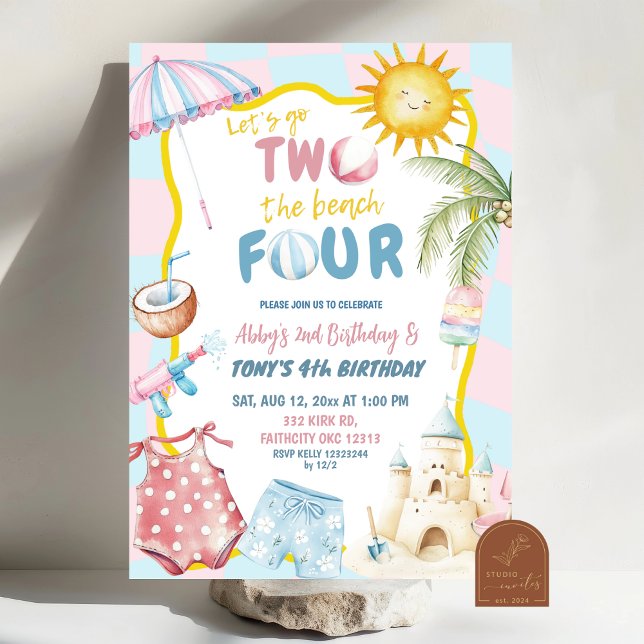 Invitación Cumpleaños playero groovy pastel rosa y azul para  (Subido por el creador)
