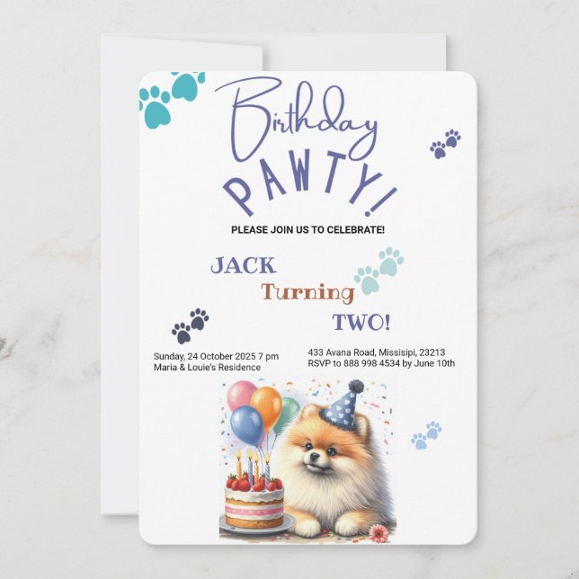 Invitación Cumpleaños Pomeranian Pomeranian Pomeranian (Anverso)