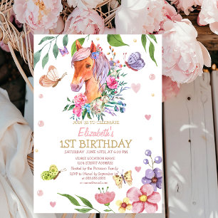 Invitación Cumpleaños Pony Mariposa Floral Acuarela a Rayas