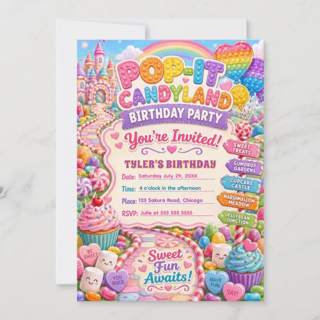 Invitación Cumpleaños Pop-It Candyland (Anverso)