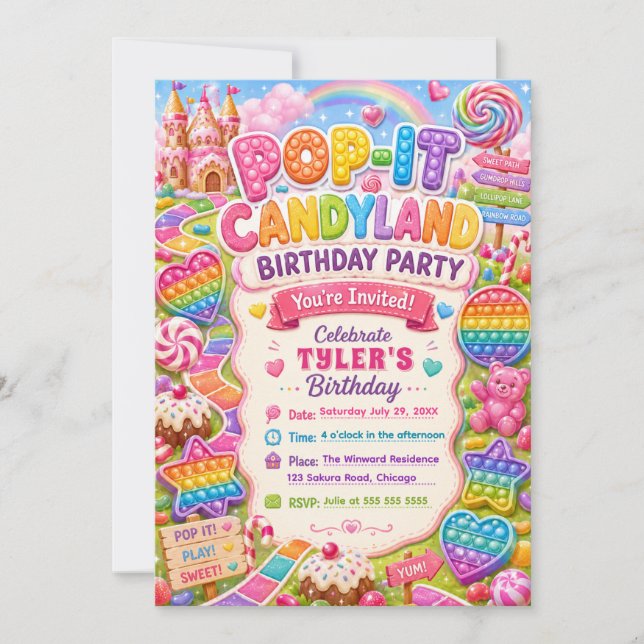Invitación Cumpleaños Pop-It Candyland (Anverso)