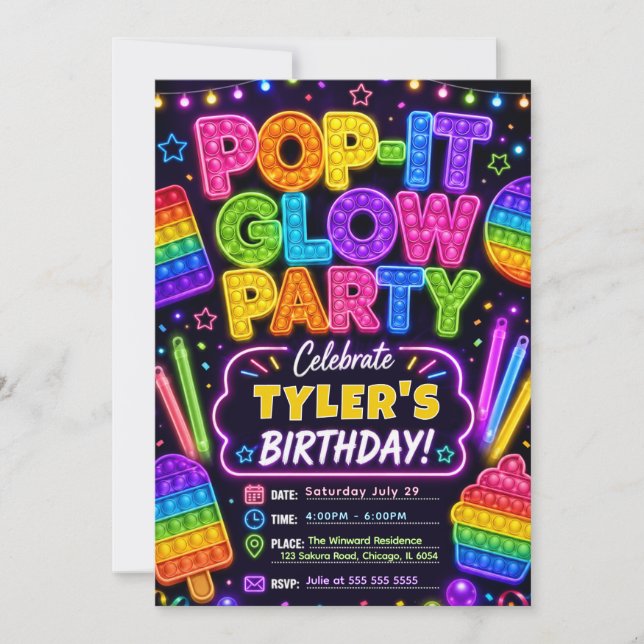 Invitación Cumpleaños Pop It Glow (Anverso)