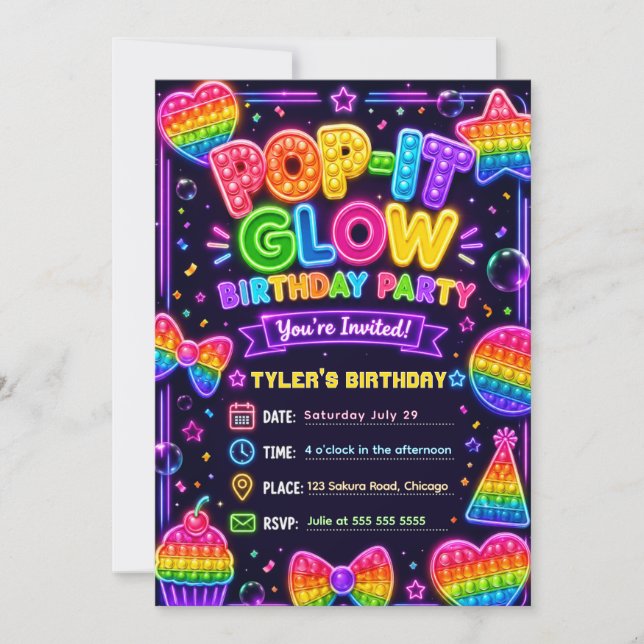 Invitación Cumpleaños Pop It Glow (Anverso)