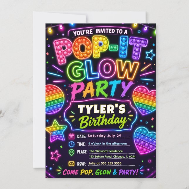 Invitación Cumpleaños Pop It Glow (Anverso)