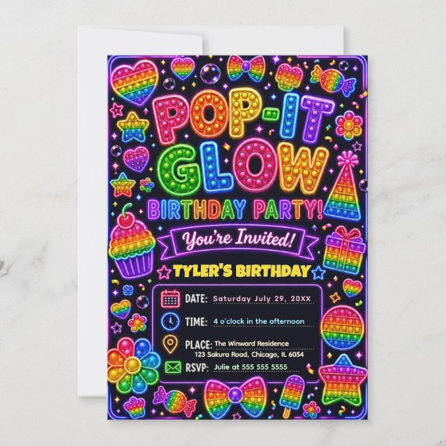 Invitación Cumpleaños Pop It Glow (Anverso)