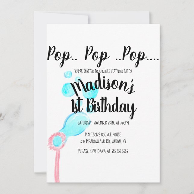Invitación Cumpleaños Pop Pop Pop Burbuja de Acuarela (Anverso)