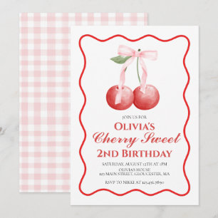 Invitación Cumpleaños preppy Cherry Sweet Pink Bow