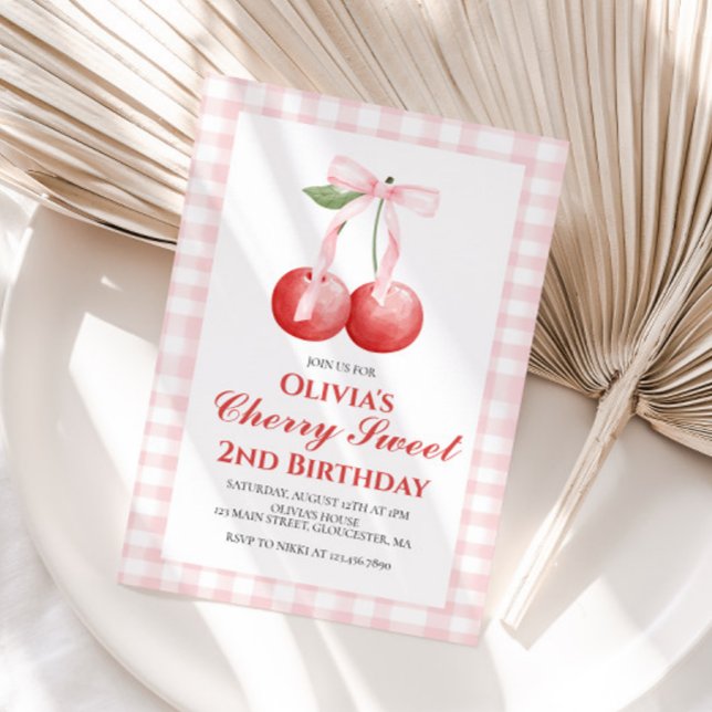 Invitación Cumpleaños preppy Cherry Sweet Pink Bow (Subido por el creador)