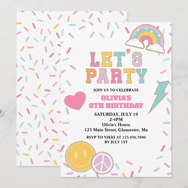 Invitación Cumpleaños Preppy Patch (Anverso / Reverso)