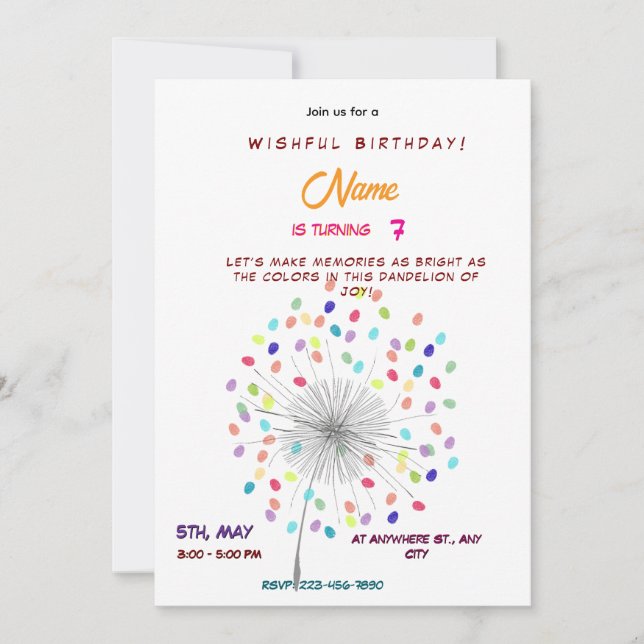 Invitación Cumpleaños primaveral caprichoso diente de león fl (Anverso)