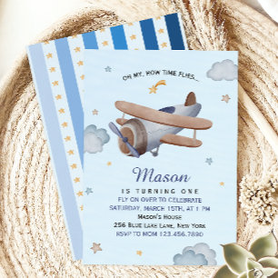 Invitación Cumpleaños primer cielo azul de avión vintage