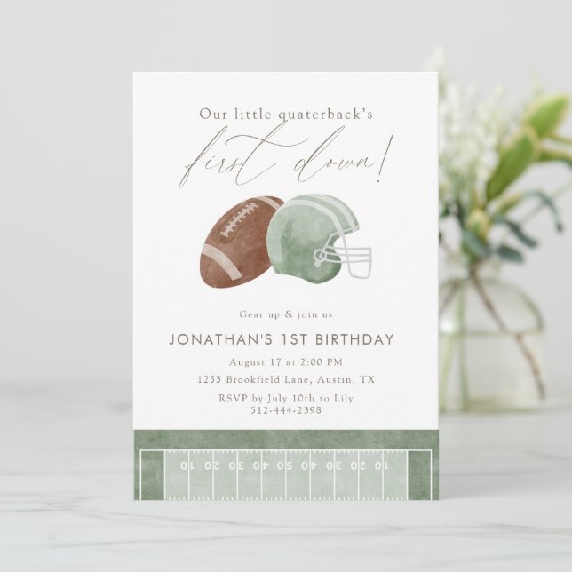 Invitación Cumpleaños primer down de fútbol americano en verd (Anverso de pie)