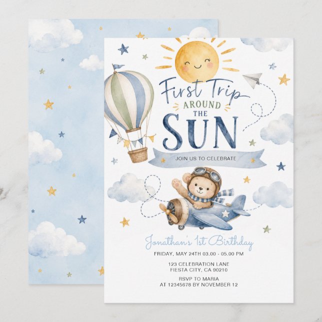 Invitación Cumpleaños Primer Vuelo Alrededor Del Sol  (Anverso / Reverso)