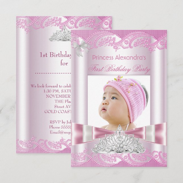Invitación Cumpleaños primera de la princesa niña Fiesta de c (Anverso / Reverso)