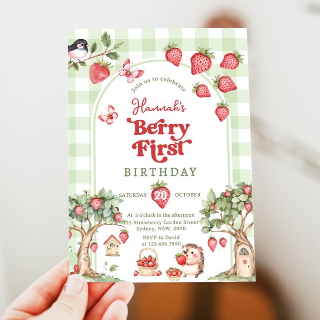 Invitación Cumpleaños primera fresa Gingham Rosa primer cumpl (Subido por el creador)