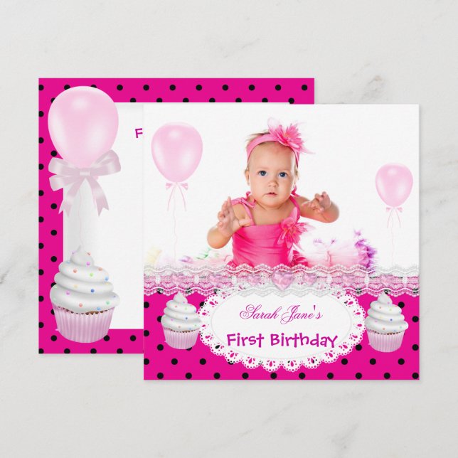 Invitación Cumpleaños primero 1ª Cumpleaños niña Cupcakes de  (Anverso / Reverso)