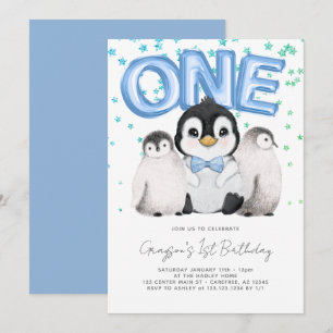 Invitación Cumpleaños primero 1er de niños pingüinos lindos