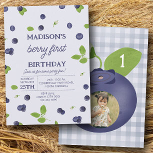 Invitación Cumpleaños primero 1er uno de arándanos foto azul