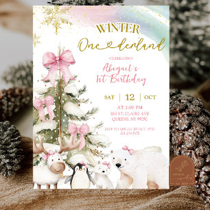 Invitación Cumpleaños primero animal ártico invierno rosa nie