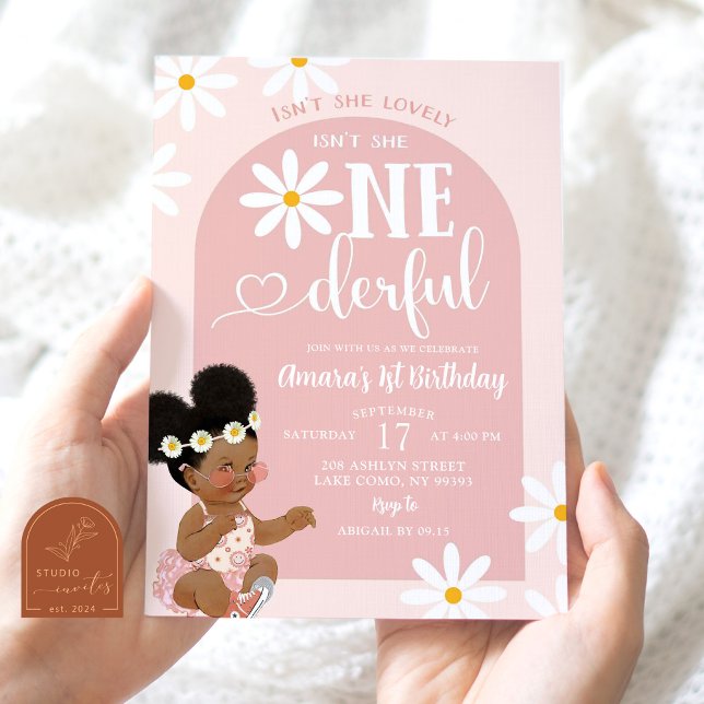Invitación Cumpleaños primero arco boho rosa Daisy Afro Afric (Subido por el creador)