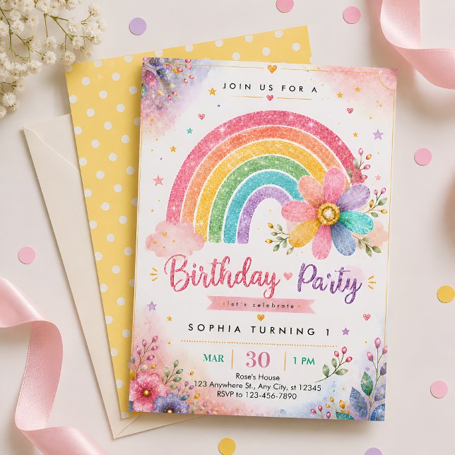 Invitación Cumpleaños Primero Arcoíris Brillante (Subido por el creador)