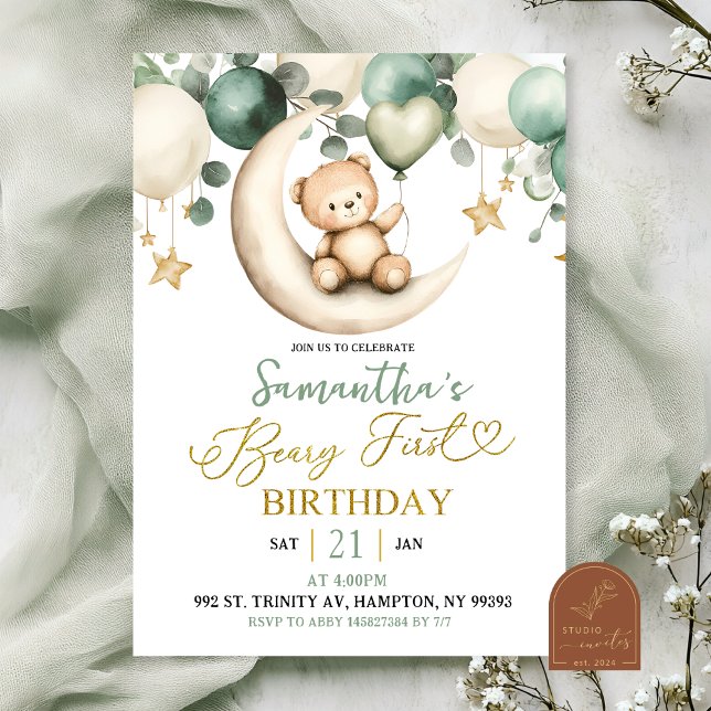 Invitación Cumpleaños Primero Beary Sage Greenery (Subido por el creador)