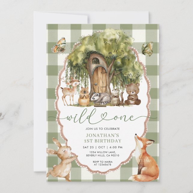 Invitación Cumpleaños primero bosque salvaje animales del bos (Anverso)