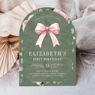 Invitación Cumpleaños Primero Bow Coquette Floral Rosa Verde 