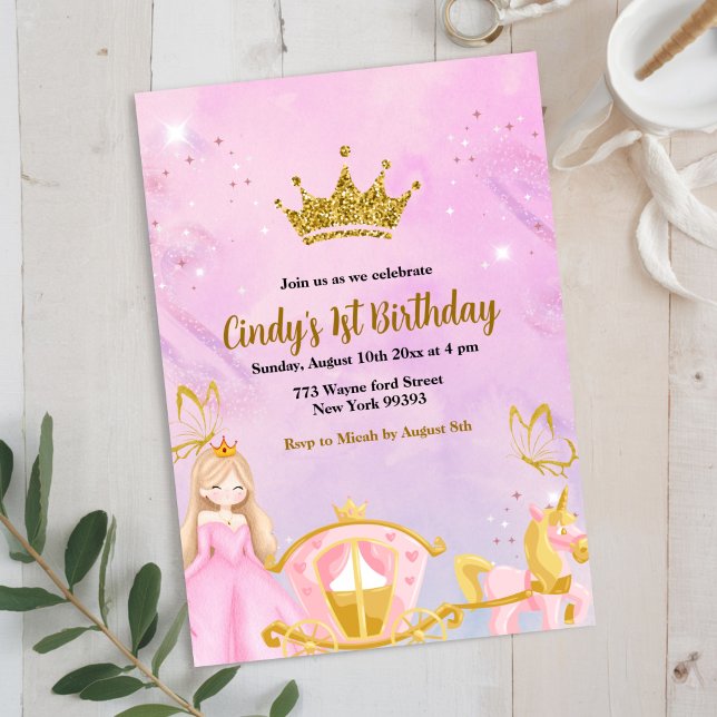 Invitación Cumpleaños Primero Carruaje Princesa Niña Rosa Dor (Subido por el creador)