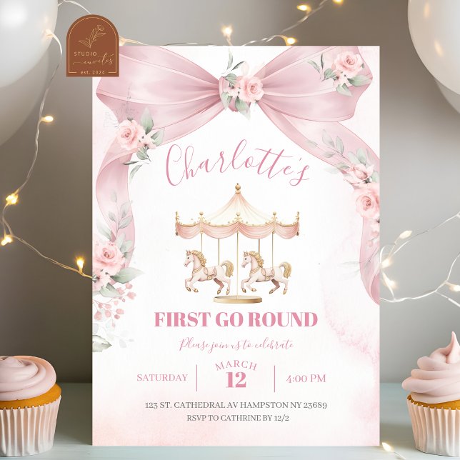 Invitación Cumpleaños primero con carrusel coquette de lazo r (Subido por el creador)