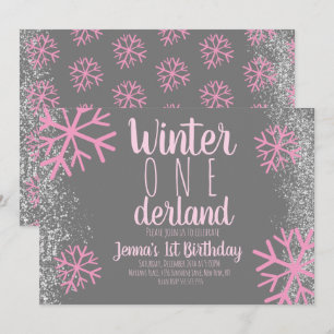 Invitación Cumpleaños Primero Copo de Nieve Rosa Escritura Ne