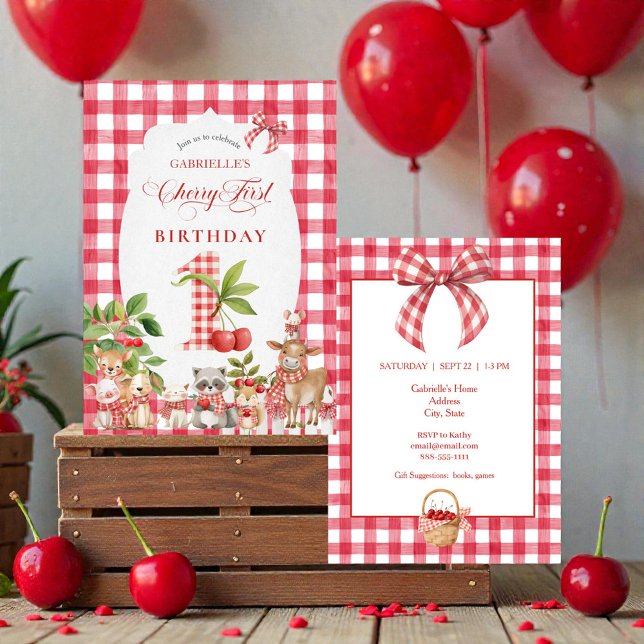 Invitación Cumpleaños primero de bebé con guinga roja y cerez (Subido por el creador)