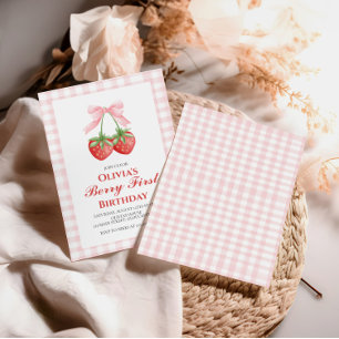 Invitación Cumpleaños primero de Berry First Fresa con lazo r