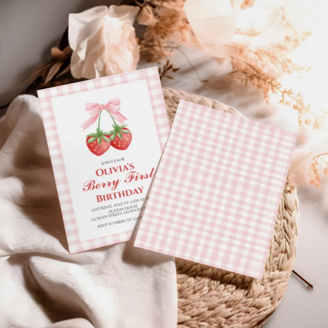 Invitación Cumpleaños primero de Berry First Fresa con lazo r (Subido por el creador)