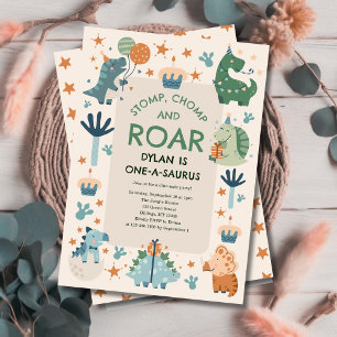 Invitación Cumpleaños primero de Dinosaur Stomp Chomp y Rugid
