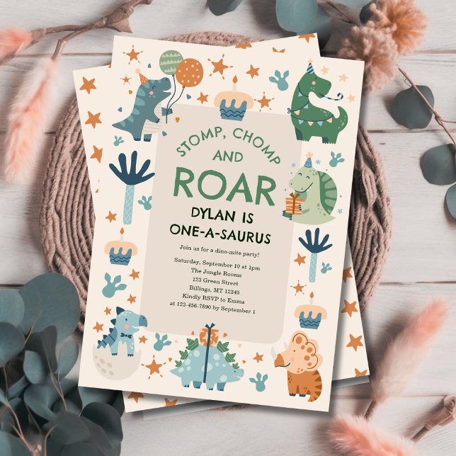 Invitación Cumpleaños primero de Dinosaur Stomp Chomp y Rugid (Subido por el creador)