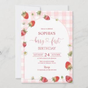 Invitación Cumpleaños primero de fresa con gingham rosa Cumpl