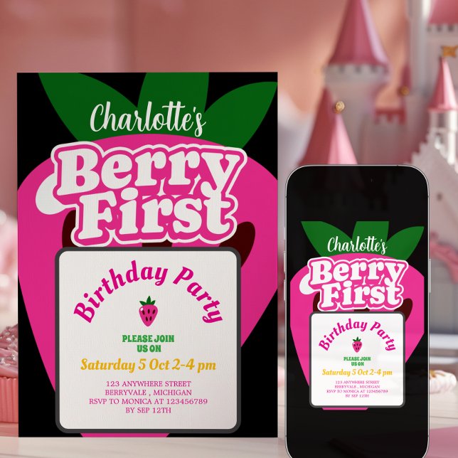 Invitación Cumpleaños primero de fresa rosa Fresa Cumpleaños  (Subido por el creador)