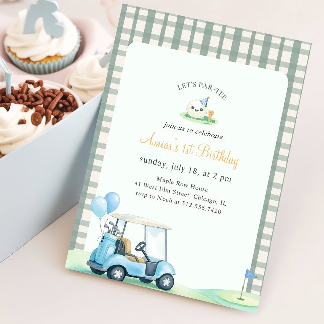 Invitación Cumpleaños primero de golf de niños de gingham ver (Subido por el creador)